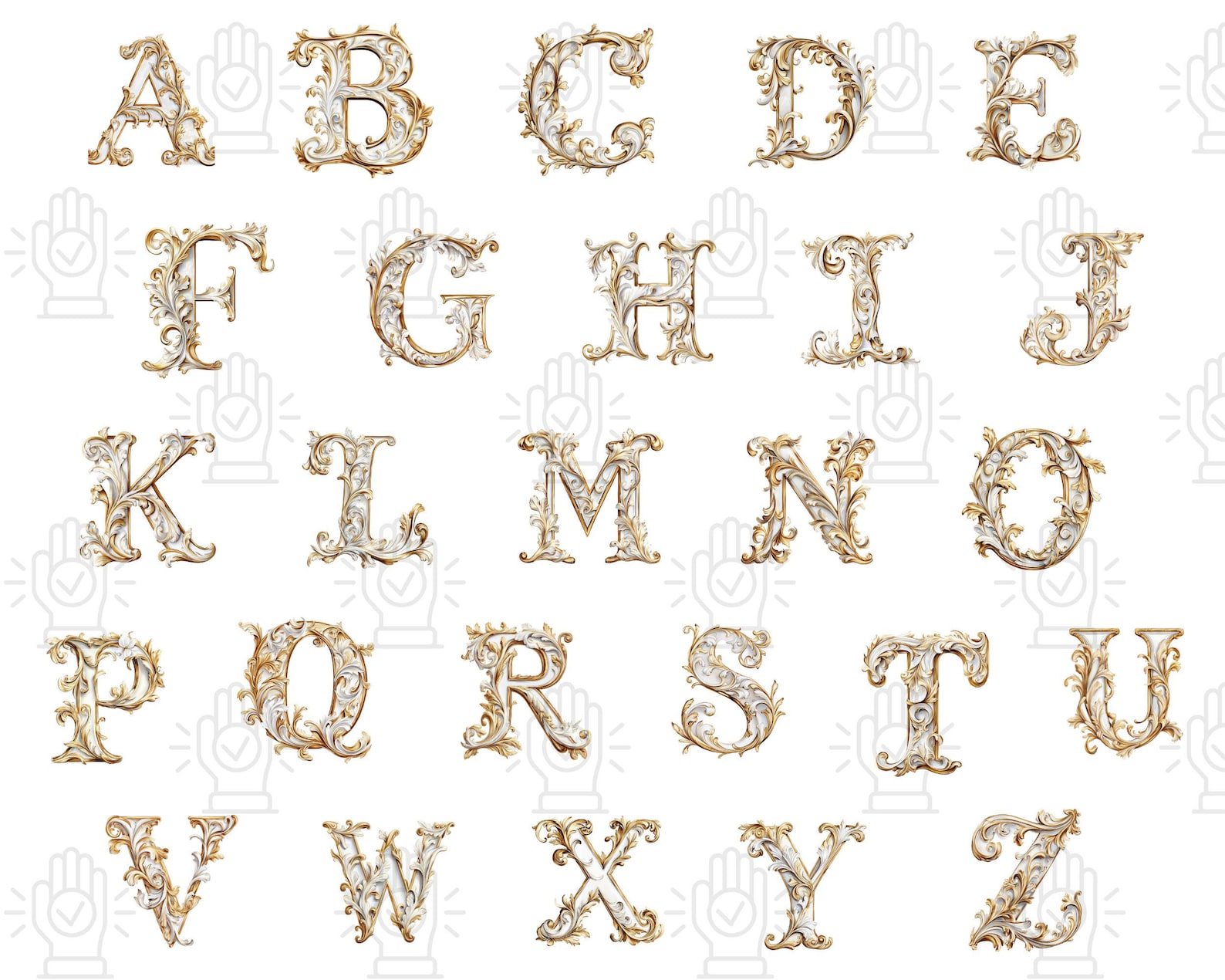 Baroque Gilded Golden Ivory Watercolor Letters Clipart, Elegant Vintage ...