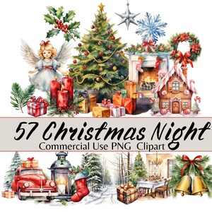 Classic Christmas Watercolor Clipart Graphics, Traditional Christmas Night Transparent PNG Illustrations for Commercial Use, Xmas Ornaments