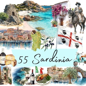 May include: A collage of watercolor illustrations featuring Sardinian landmarks, food, and culture. Includes a coastal scene, a flag, a rider on a horse, a scooter, wine, cheese, and the text "55 Sardinia".