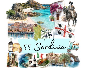 Sardinia Italy Watercolor Clipart PNG, Sardegna Travel Landscapes, Cagliari Alghero Landmarks Bundle