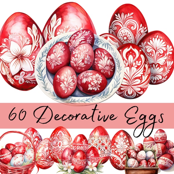 Red and White Decorative Easter Eggs Watercolor Clipart, Orthodox Easter Eggs PNG, Traditional Ukrainian Pysanky, Greek Orthodox Easter Eggs