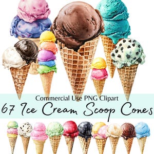 Pacchetto di clipart di palline di gelato ad acquerello, dolci prelibatezze estive PNG, illustrazioni di coni di cialda e palline di gelato per uso commerciale, festa