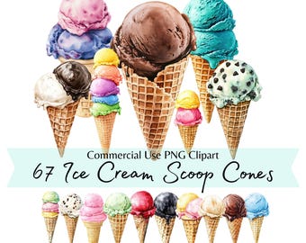 Watercolor Ice Cream Scoops Clipart Bundle, Sweet Summer Treats PNG, Wafer Cones and Gelato Scoops Illustrations for Commercial Use, Party