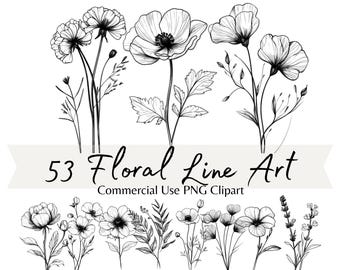 Floral Line Art Clipart Bundle, Botanical Minimalist Flowers & Plants PNG, Wedding Floral Graphics, Birth Flowers, Commercial Use