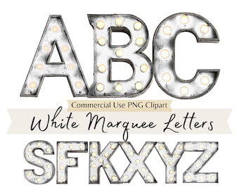 White Marquees Lights Letters Watercolor Clipart, Hollywood Broadway Style White Alphabet PNG, Vintage Light Box Lettering Retro Font A to Z
