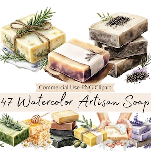 Clipart de savon fait main aquarelle, barres de savons naturelles PNG, illustrations de savon à base de plantes artisanales pour emballage, journaux, cartes et usage Commercial