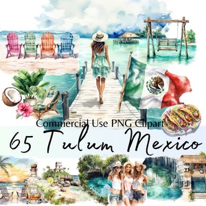 Acquerello Tulum Messico Tropical Vacation Clipart, Tulum Vacation PNG Travel Bundle, Card making, Digital Clip Art per uso commerciale