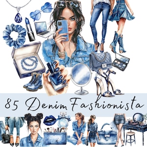 Clipart di ragazza chic di moda in denim, illustrazione di jeans in denim ad acquerello, grafica di moda per pianificatori e cancelleria, set di clip art di ragazza alla moda