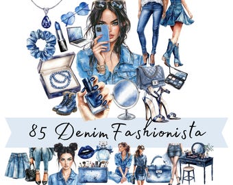 Denim Fashionista Chic Girl Clipart, Watercolor Denim Jeans Illustration, Planner and Stationery Fashion Graphics, Fashion Girl Clip Art Set