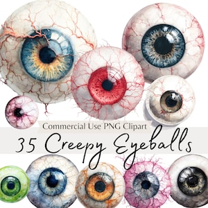 Könnte beinhalten: Eine Sammlung von 35 Augen im Aquarellstil mit verschiedenen Irisfarben, darunter Blau, Grün, Rot und Braun. Die Augen haben detaillierte Adern und sind mit "35 Creepy Eyeballs" beschriftet.