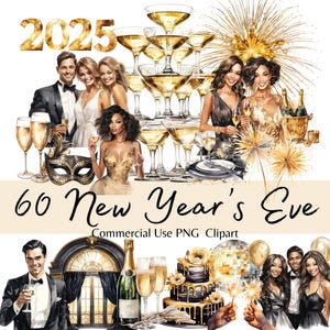 Clipart acquerello festa di Capodanno in nero e oro, grafica per la celebrazione del nuovo anno, download immediato di PNG per uso commerciale