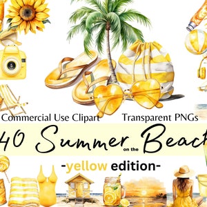 Verano en la playa, Ocean Travel Digital Beach Clipart, acuarela verano vacaciones clipart, edición amarilla, uso comercial de clip art digital