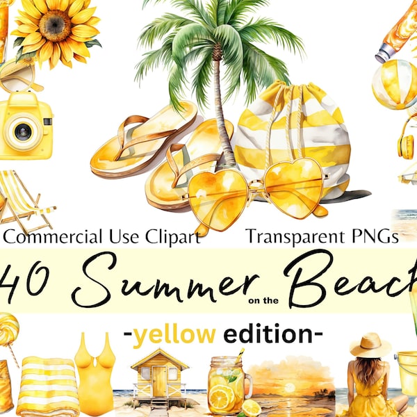 Summer on the Beach, Ocean Travel Digital Beach Clipart, Watercolor Summer Holiday Clipart, Yellow Edition, Digital Clip Art Commercial Use