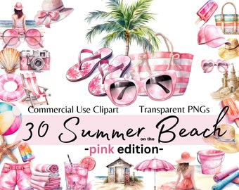 May include: A set of 30 pink watercolour illustrations of summer beach items. The set includes a beach bag, sunglasses, flip flops, a beach umbrella, a beach towel, a beach chair, a beach ball, a seashell, a starfish, a bucket and spade, a sandcastle, a popsicle, a camera, a hat, a palm tree, and a girl in a pink dress. The text "30 Summer on the Beach - pink edition -" is written in pink.