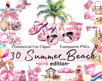 Verano en la playa, Ocean Travel Digital Beach Clipart, Acuarela Summer Holiday Clipart, Pink Edition, Digital Clip Art Commercial Use