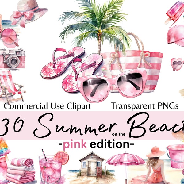 Sommer am Strand, Ocean Travel Digital Beach Clipart, Aquarell Sommerurlaub Clipart, Pink Edition, digitale ClipArt kommerzielle Nutzung