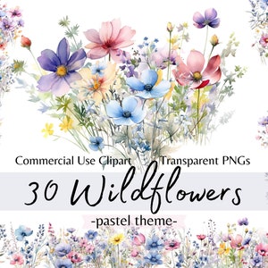 Clipart de flores silvestres em aquarela pastel, arranjos florais rústicos, flores macias de casamento PNG, download digital instantâneo, uso comercial