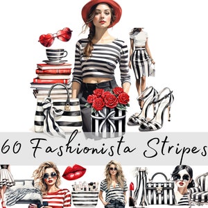 Fashionista Stripes Chic Girl Clipart, acquerello strisce bianche e nere, pianificatore, grafica di moda di cancelleria, set di clip art per ragazza di moda