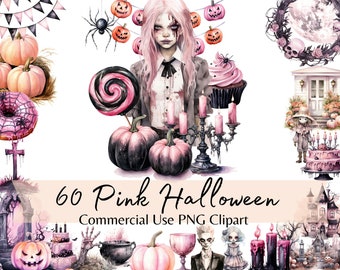 Pink Halloween Watercolor Clipart Collection, PNG bundle Halloween Party Decor, Pastel Halloween for Invitations, Scrapbook, Paper Crafts