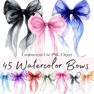 Può includere: Fiocchi ad acquerello in vari colori, tra cui nero, rosa e blu, con nastri fluenti. L'immagine presenta il testo "Commercial Use PNG Clipart" e "45 Watercolor Bows". Ideali per progetti di artigianato e design.