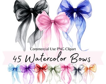 Watercolor Organza Bows Clipart, Pastel Pink Blue Ribbons PNG, Coquette Bow Graphics for Baby Shower, Invitations, Scrapbooking, Stickers
