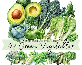 Watercolor Green Vegetables Clipart Bundle, Farmers Market PNG, Fresh Green Veggies Illustrations, Healthy Food Graphics for Commercial Use