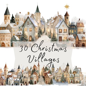 Julby Clipart, nordiska vinterhus PNG, akvarell julstadsscen för klistermärken, scrapbooking och hantverk