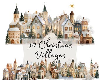Christmas Village Clipart, Nordic Winter Houses PNG, Watercolor Holiday Town Scene for Stickers, Scrapbooking & Crafts