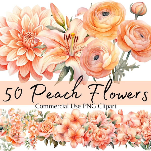 Watercolor Peach Flowers Clipart, Peach Floral Bouquet Arrangements, PNG Digital Download Commercial Use, Bohemian Boho Wedding Invitations