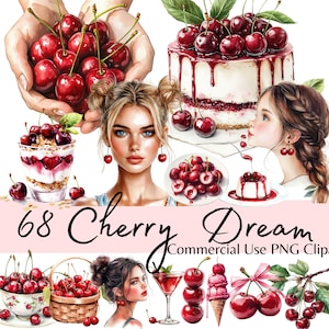 Paquete de imágenes prediseñadas de acuarela de cerezas, gráficos PNG de cerezas digitales para invitaciones, baby shower, álbumes de recortes, pegatinas, planificadores, coquette