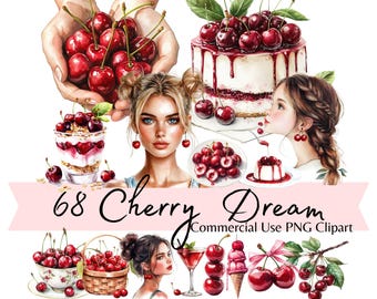 Cherry aquarel clipartbundel, digitale kersen png-afbeeldingen voor uitnodigingen, babyshower, scrapbooking, stickers, planners, coquette