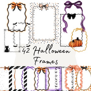 May include: A collection of 42 Halloween frames featuring various decorative elements including orange and black bows, purple ribbons, pumpkins, black cats, bats, polka dots, and striped patterns in rectangular and oval shapes with text 42 Halloween Frames.
