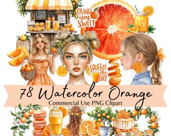 Orange Clipart Bundle, Watercolor Citrus Fruit PNG, Oranges, Blossoms, Slices, Wedding Invitations, Summer Stickers, Scrapbooking, Planners