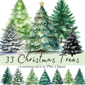 Weihnachtsbäume Aquarell Clipart, Winterkiefern und Tannen Urlaub PNG Illustrationen für Junk Journals, Scrapbooks, Einladungen