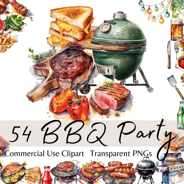 BBQ Sommer Party, Grill Picknick Garten Clipart, Aquarell Grill Essen Bundle, Sofortiger digitaler Download für persönlichen und kommerziellen Gebrauch