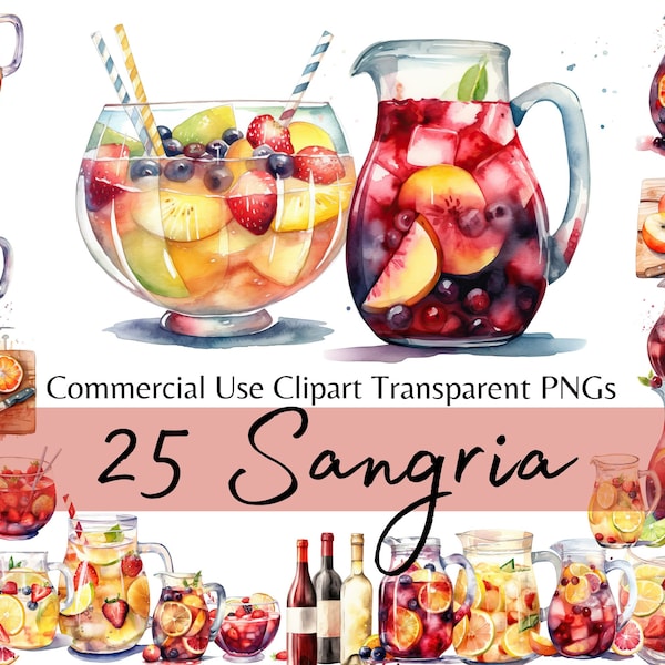 Sangria Watercolor Clipart for Summer, Red Wine and White Wine Sangria Cocktail Bundle, PNG digital download