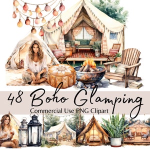Imágenes prediseñadas de glamping boho, ilustraciones PNG de campamentos de lujo en acuarela, imágenes prediseñadas de viajes al aire libre de vacaciones de verano para planificadores, pegatinas digitales