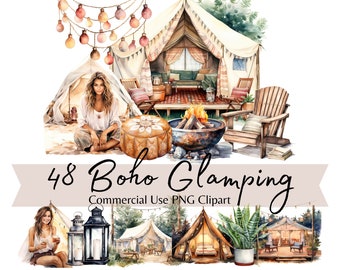 Boho Glamping Clipart, Aquarell Luxus Camping PNG Illustrationen, Sommer Ferien im Freien Reisen Clip Art für Planer, digitale Aufkleber