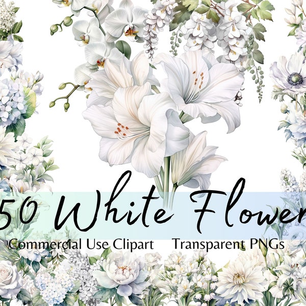 Watercolor White Flowers Clipart, Green White Floral Bouquet Arrangements, PNG Digital Download for Commercial Use, Bohemian Boho Greenery