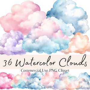 Ensemble de cliparts aquarelle nuages, éléments de ciel nuage pastel, PNG transparent à usage commercial, faire-parts, baby shower, scrapbooking, autocollants