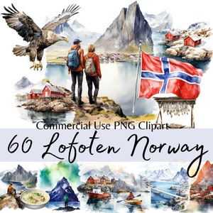 Clipart ad acquerello delle Isole Lofoten Norvegia, pacchetto PNG di viaggio delle Isole dei fiordi norvegesi, cabine rosse delle Lofoten e grafica dell'aurora boreale