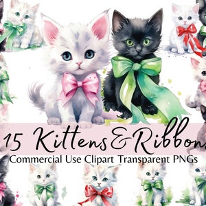 Cute Watercolor Kittens and Ribbons Clipart, Kitten Portraits Digital Printing, Cats with Bows PNG format, Instant Download, Commercial Use