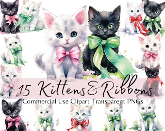 Aquarell Kätzchen Clipart, Katzen mit Bändern, PNG (digitaler Download)