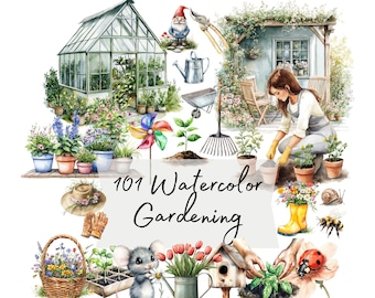 Watercolor Gardening Clipart Bundle, Cottagecore Garden Tools, Flowers, Plants PNG for Planners, Scrapbooks, Journals