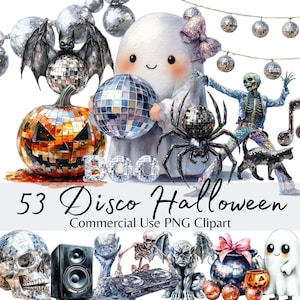Op de afbeelding: Waterverfillustratie met Halloween-thema's. Bevat een pompoen met discobal, een spook met een discobal, een skelet, een spin en een zwarte kat. De tekst luidt "53 Disco Halloween Commercial Use PNG Clipart."