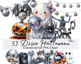 Disco Halloween Watercolor Clipart Bundle, Retro Party Ghosts, Pumpkins, Skulls, Glitter Boo PNG, Spooky Season Graphics, Commercial Use