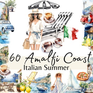 60 Amalfi Coast Italian Summer Watercolor Clipart, Coastal Italy Landscape Vacation Bundle, Card making, Digital Clip Art for Commercial Use