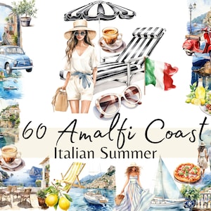 60 imágenes prediseñadas de acuarela de verano de la costa de Amalfi, paquete de vacaciones con paisajes de la costa de Italia, creación de tarjetas, imágenes prediseñadas digitales para uso comercial