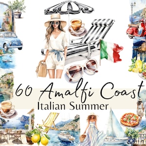 60 Amalfi Coast Italian Summer Watercolor Clipart, Coastal Italy Landscape Vacation Bundle, Card making, Digital Clip Art for Commercial Use