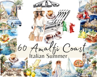 May include: A watercolor illustration of the Amalfi Coast in Italy. The illustration features a woman in a white dress, a striped beach chair, a red scooter, a boat, and a plate of lasagna. The text "60 Amalfi Coast Italian Summer" is written in black.
